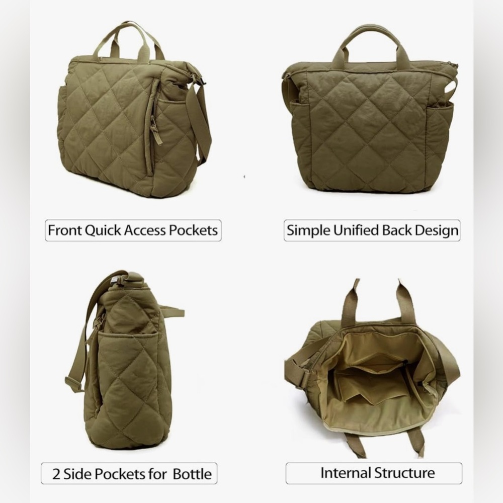 Quilted Olive Green Tote Bag - Lightweight Shoulder & Hand Carry - Picture 2 of 6